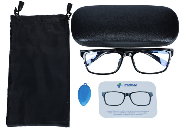 Brýle proti modrému světlu UNIZDRAV černé - unisex + pouzdro, sáček a testovací sada