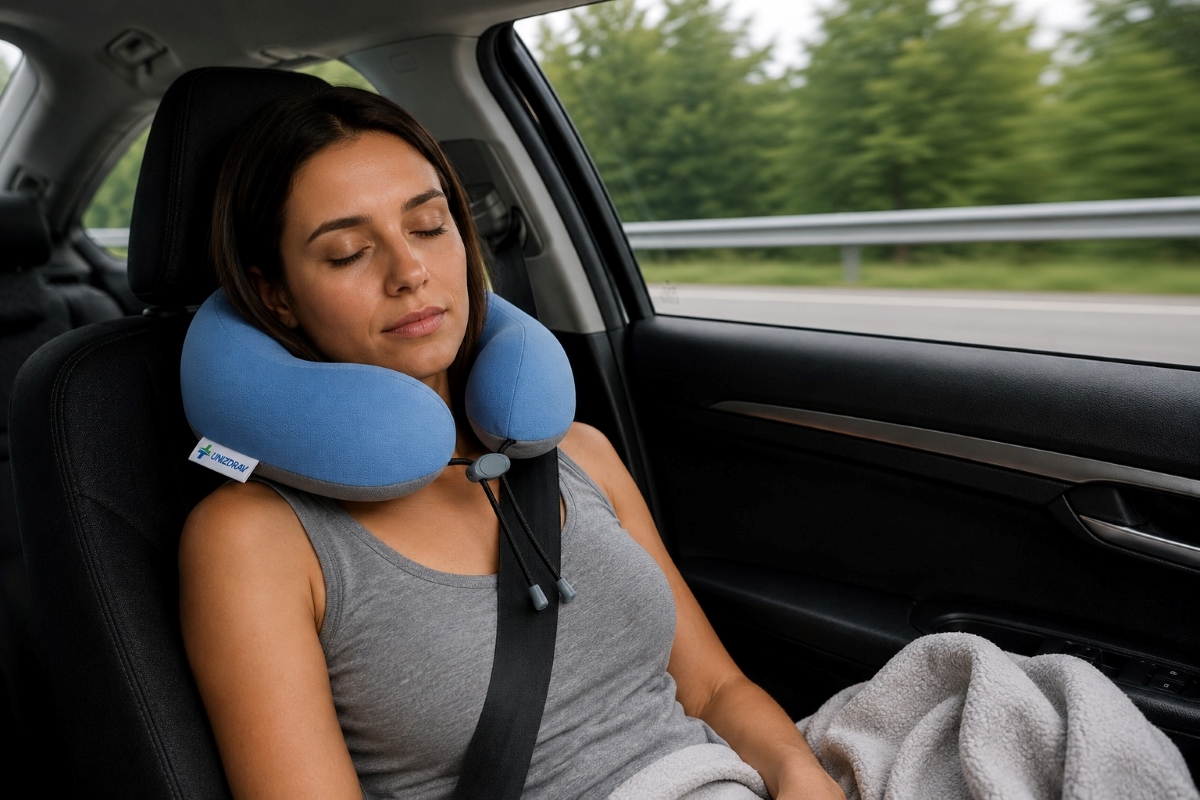 Cestovní ergonomický polštář z paměťové pěny, modrý