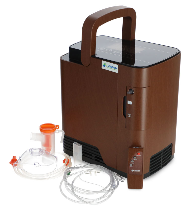 Kyslíkový koncentrátor s hlasovým výstupem UNIZDRAV, 7 l/min, imitace dřeva