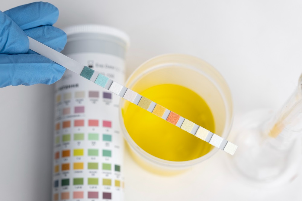 Laboratorní asistent drží testovací papírky na moč.