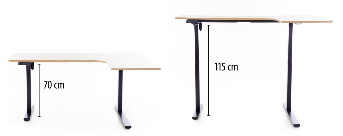 Výškově nastavitelný stůl UNIZDRAV 160x110 cm, hnědý dub – pravý roh