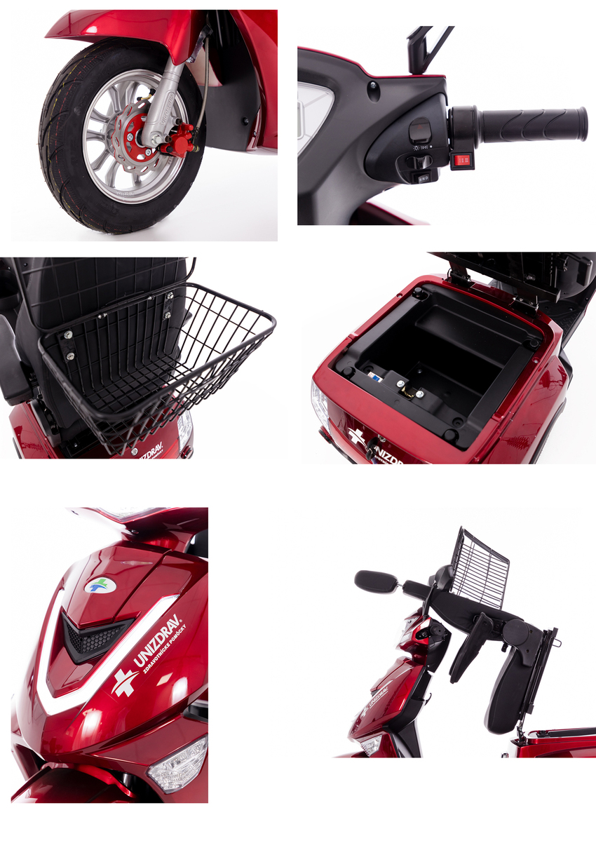 Elektrický tříkolový skútr CHAMPION pro seniory a imobilní - výkonný 1000W motor, červený