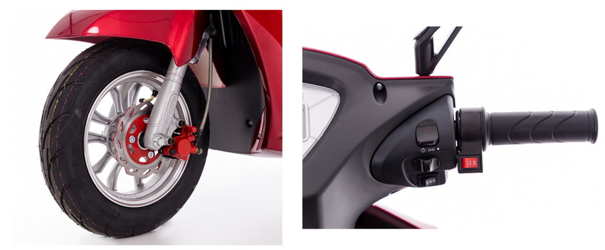 Elektrický tříkolový skútr CHAMPION pro seniory a imobilní - výkonný 1000W motor, červený