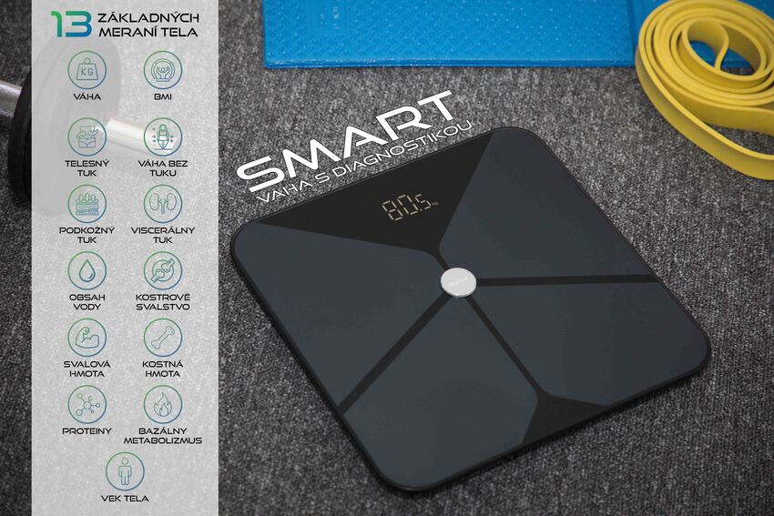 SMART váha s diagnostikou 13 tělesných parametrů + Bluetooth a mobilní aplikace
