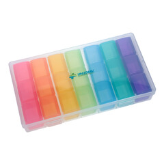 Dávkovač léků UNIZDRAV - denní + týdenní JEMNĚ PRASKNUTÝ OBAL NA BOKU DÁVKOVAČE