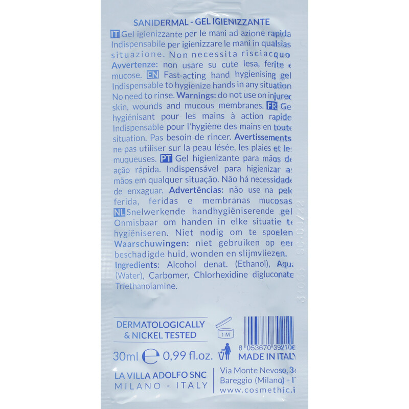 Kapesní antibakteriální gel do kabelky Sanidermal, 30 ml