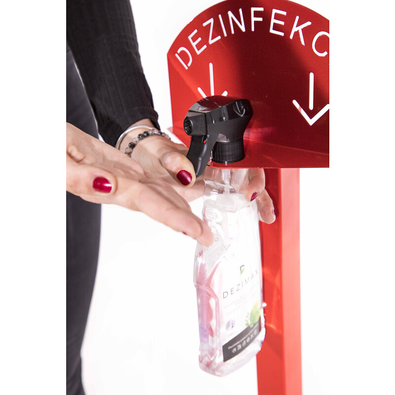 Stojan červený na dezinfekci rukou s dezinfekčním prostředkem DEZIMAX, 500 ml