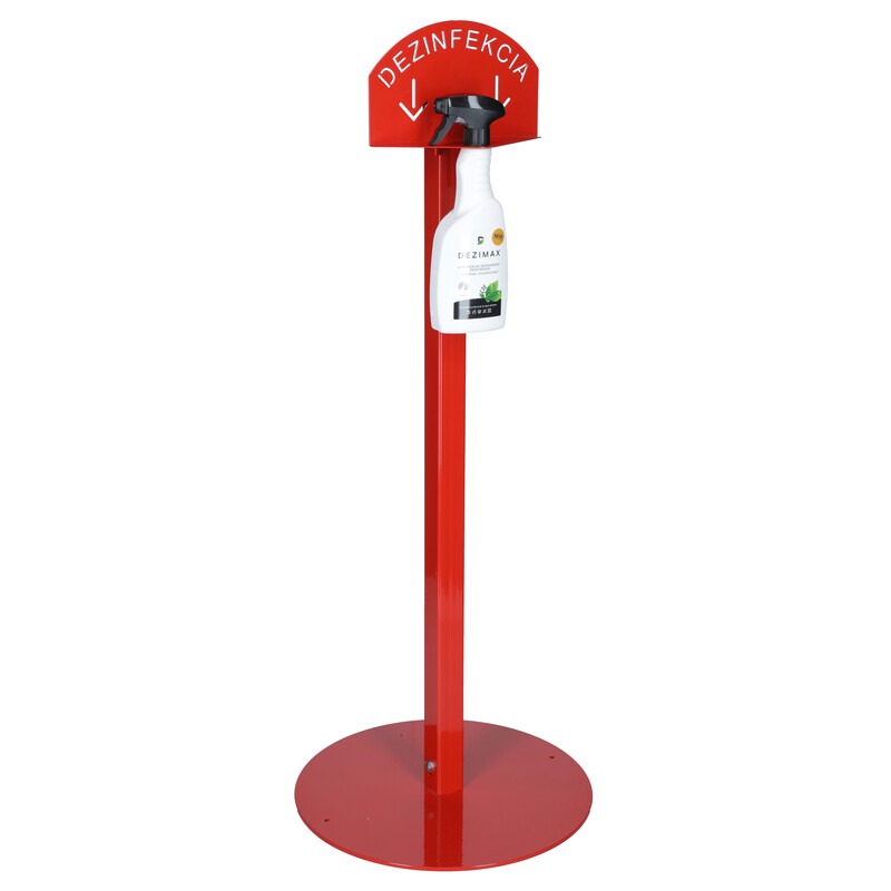 Stojan červený na dezinfekci rukou s dezinfekčním prostředkem DEZIMAX, 500 ml