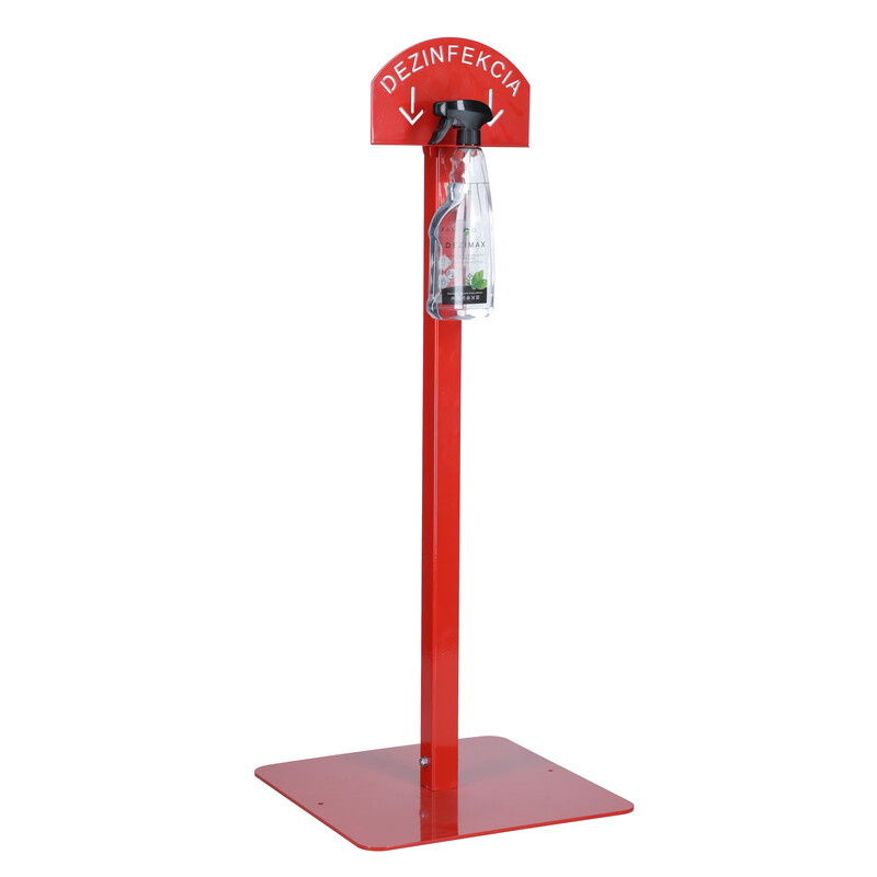Stojan červený na dezinfekci rukou s dezinfekčním prostředkem DEZIMAX, 500 ml