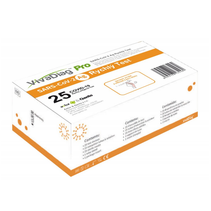 VivaDiag Antigenní certifikovaný samotest – self test ze špičky nosu na COVID-19, 25 ks - EXPIRACE 18.10.2023