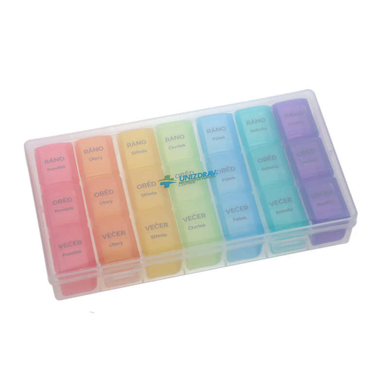 Dávkovač léků UNIZDRAV - denní + týdenní JEMNĚ PRASKNUTÝ OBAL NA BOKU DÁVKOVAČE