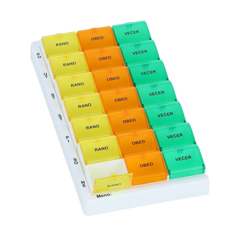 Barevný dávkovač léků - týdenní, T03